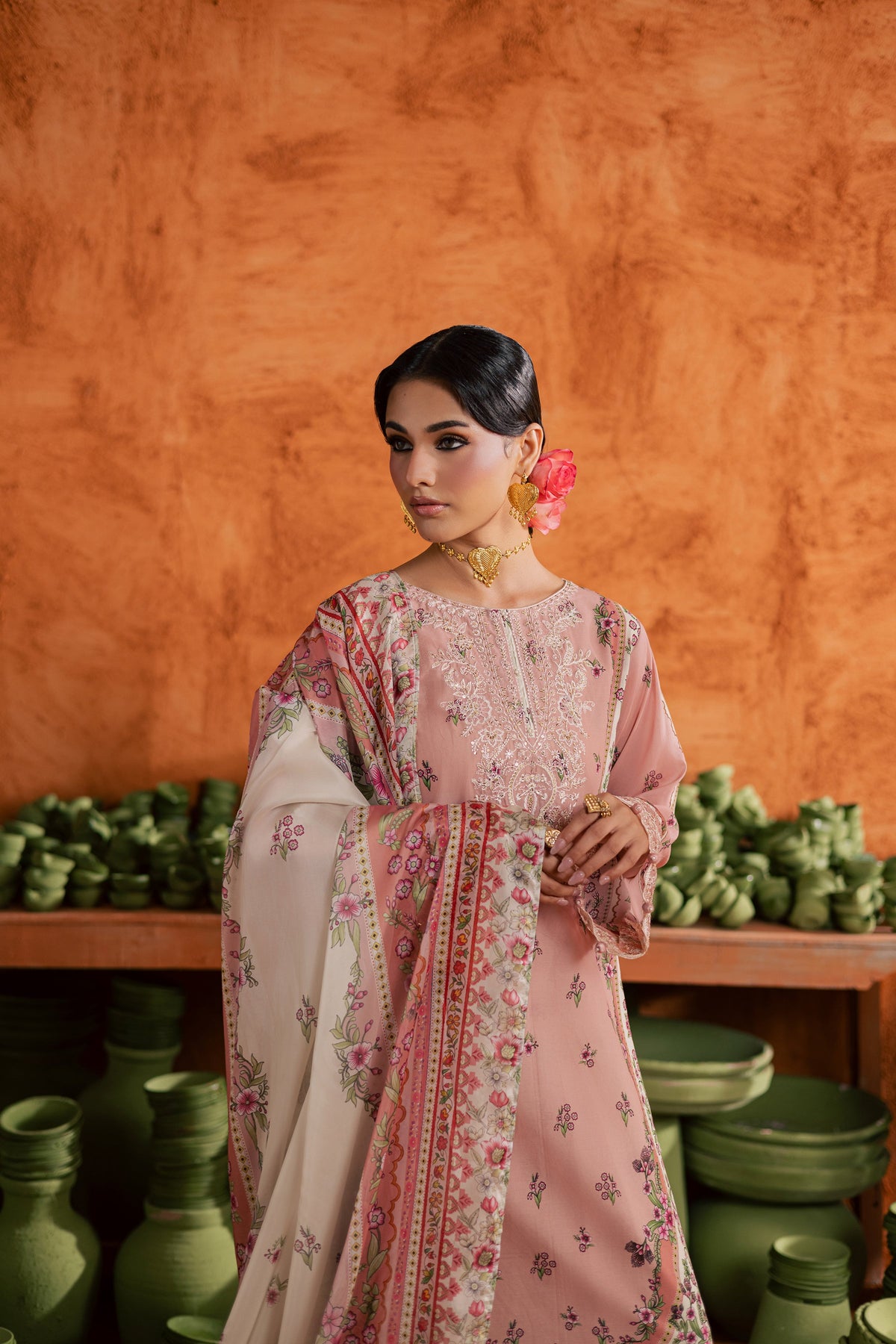 Dusty Peach 3Pc - Printed Lawn Dress