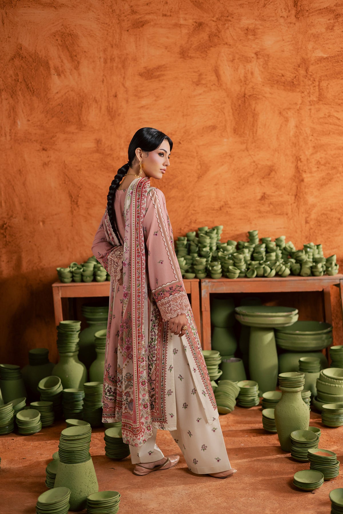 Dusty Peach 3Pc - Printed Lawn Dress
