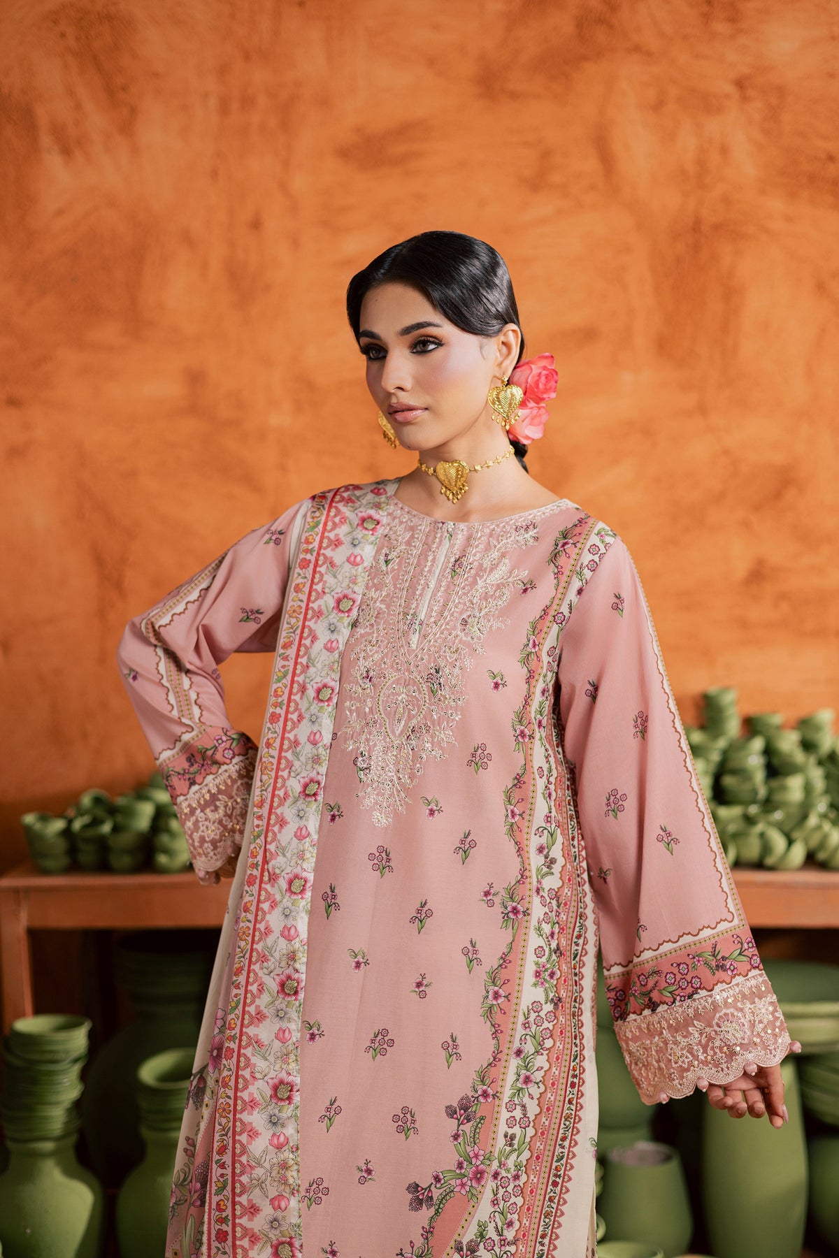 Dusty Peach 3Pc - Printed Lawn Dress