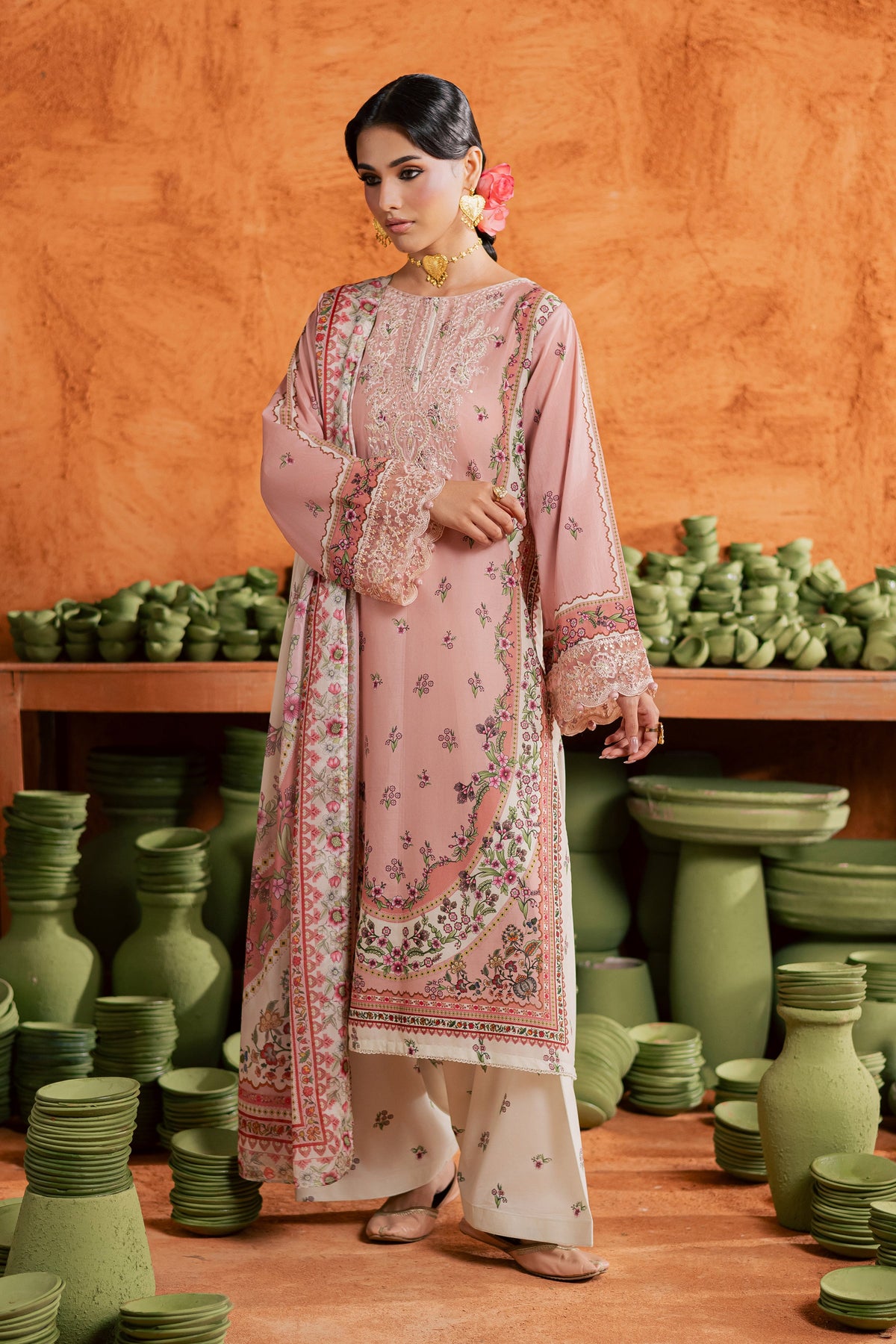 Dusty Peach 3Pc - Printed Lawn Dress