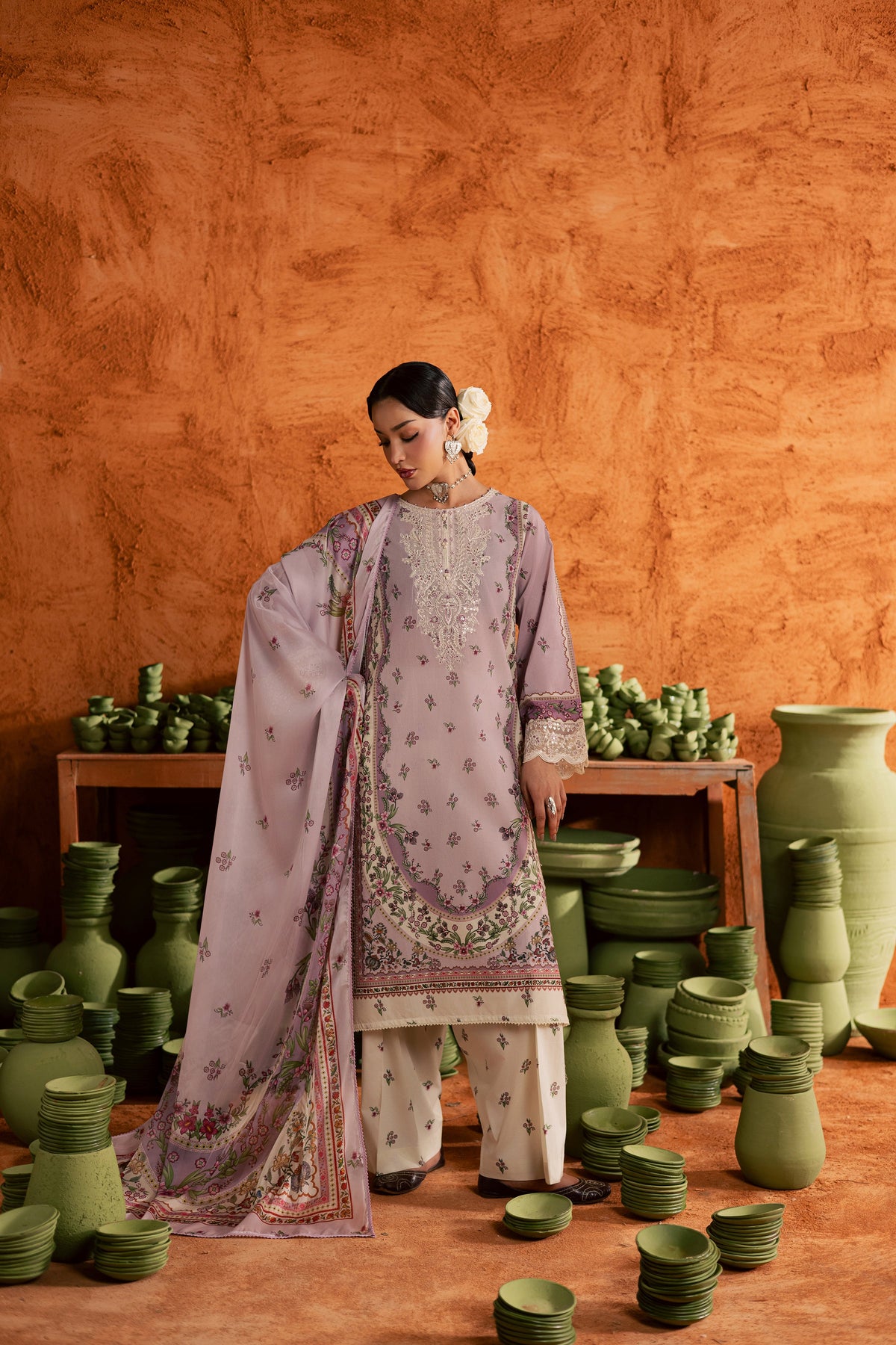 Dusty Plum 3Pc - Printed Lawn Dress
