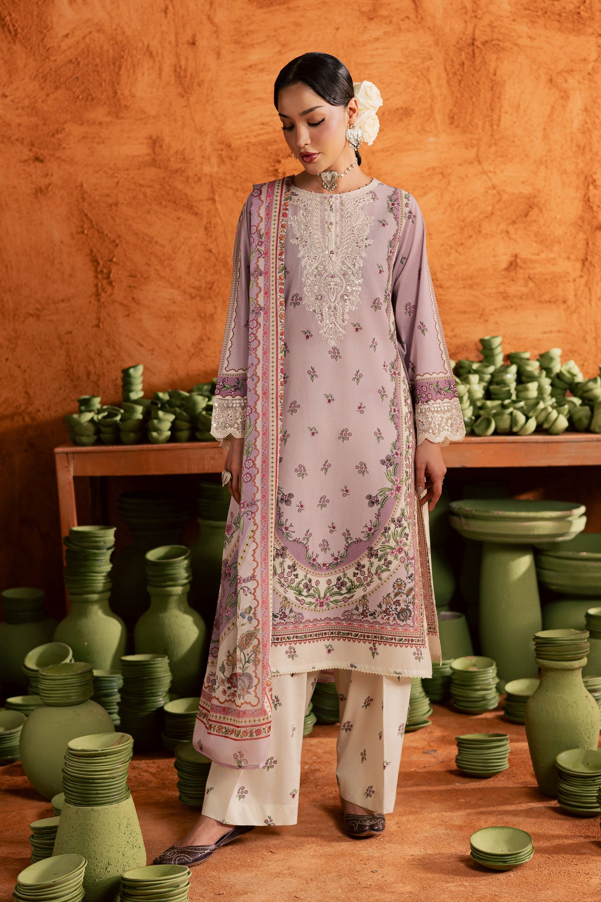 Dusty Plum 3Pc - Printed Lawn Dress