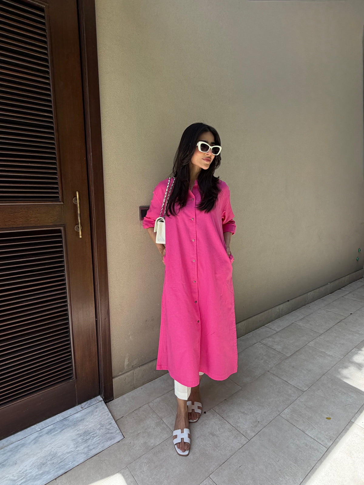 Oversized Linen Shirt Dress in Hot Pink