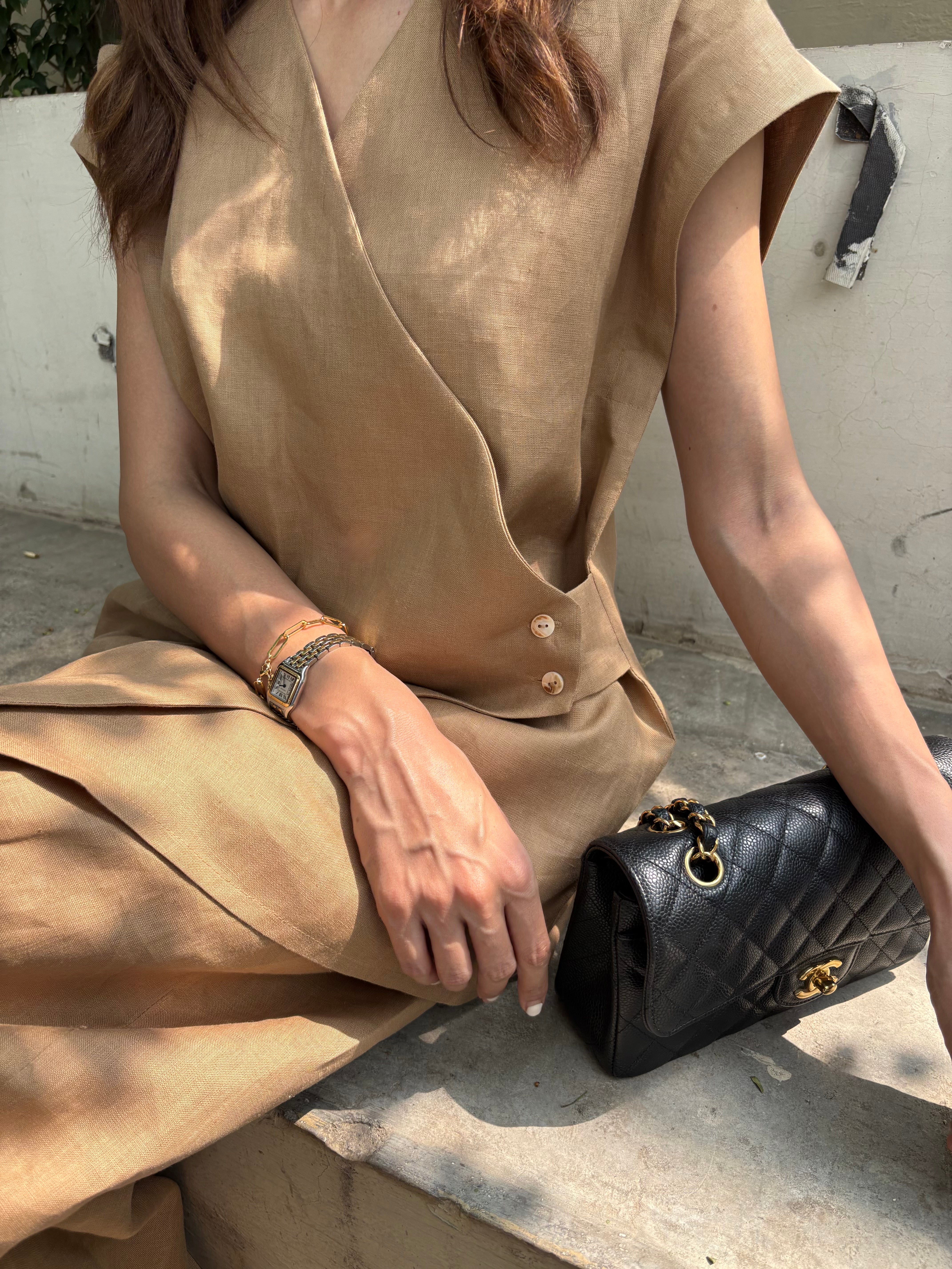 Brown Linen Vest Set