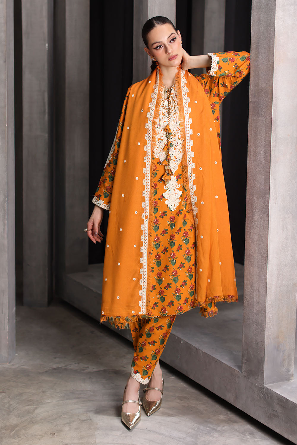 3 Piece Embroidered Printed Karandi Suit with Embroidered Karandi Dupatta
