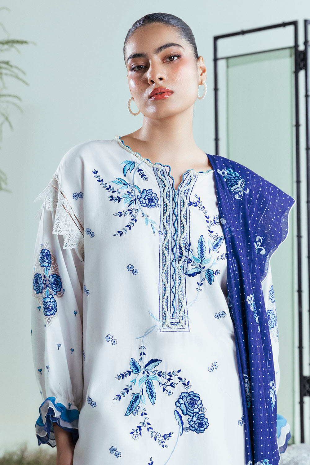 3 Piece Embroidered Lawn Suit with Bunches and Zari Dupatta