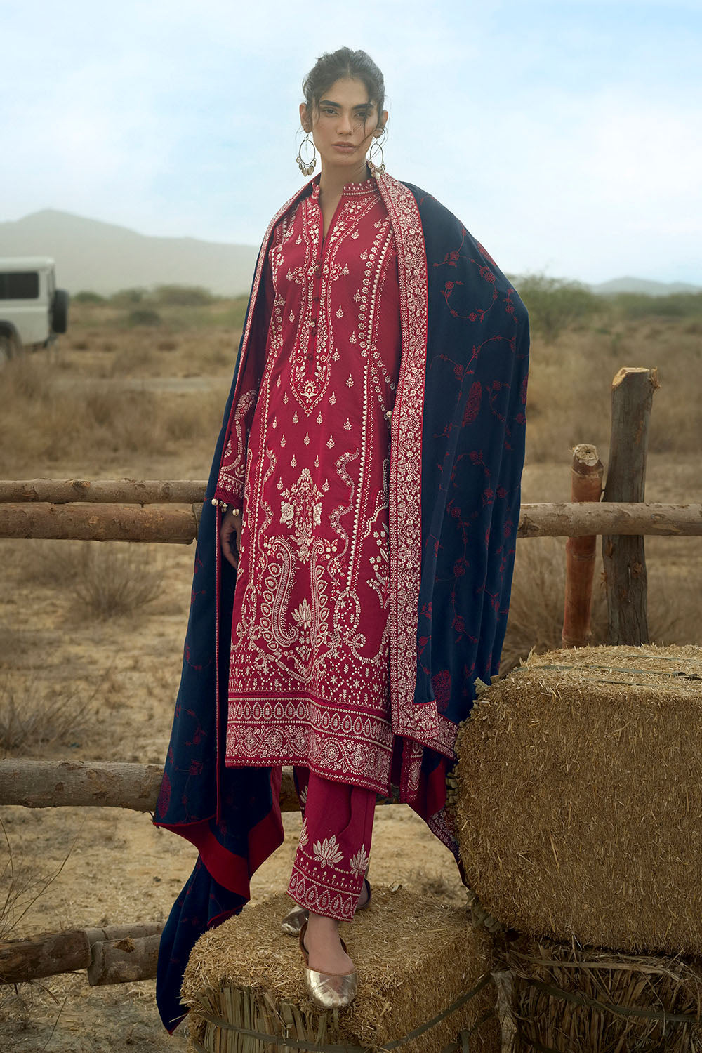3 Piece Embroidered Karandi Suit with Embroidered Karandi Dupatta