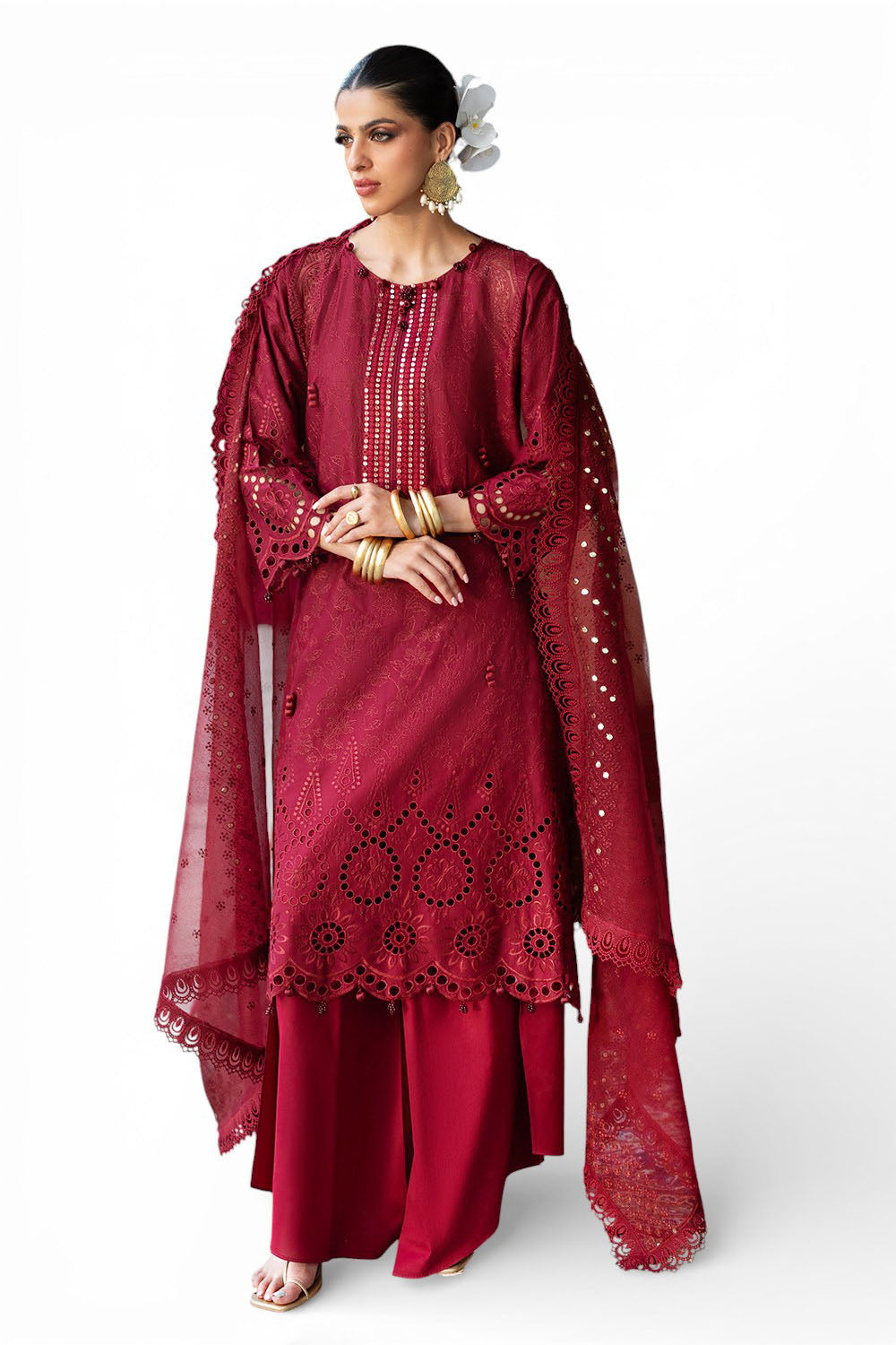 3 Piece Schiffli Embroidered Lawn Suit With Sequins Neckline And Net Dupatta