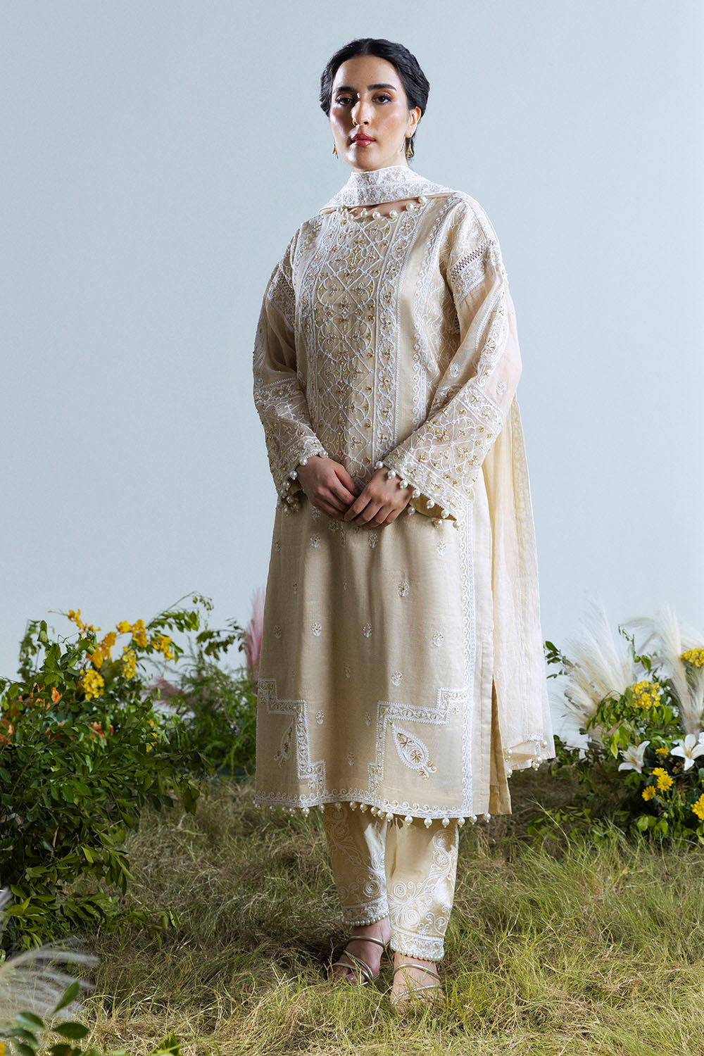 3 Piece Embroidered Mehsuri Suit with Handwork and Raw Silk Trouser