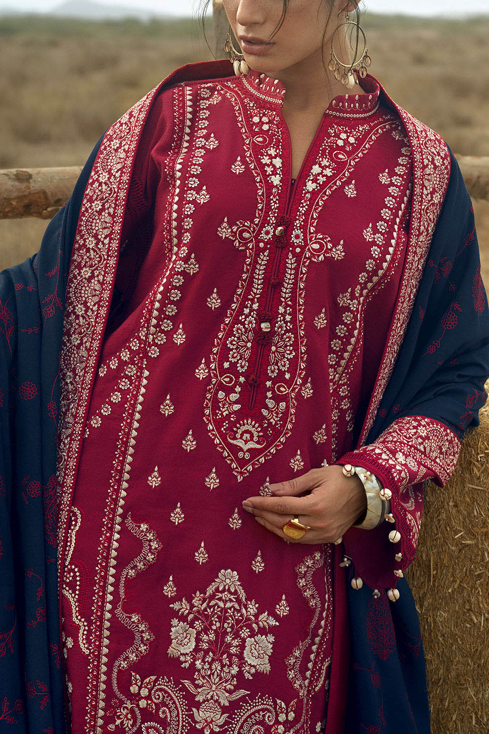 3 Piece Embroidered Karandi Suit with Embroidered Karandi Dupatta