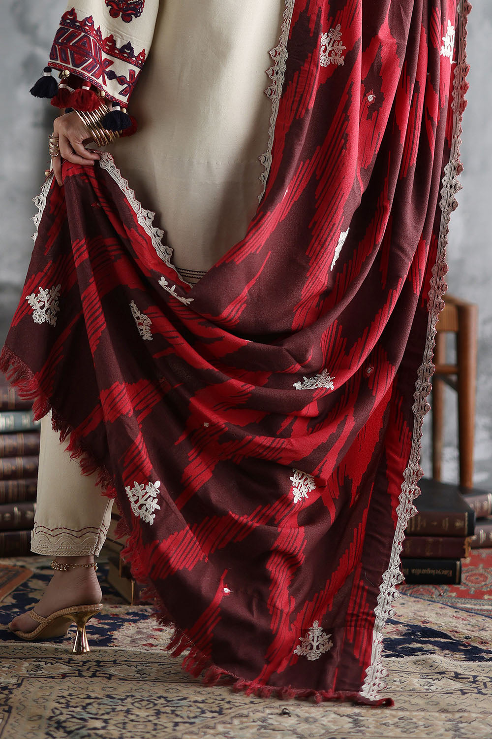 3 Piece Embroidered Karandi Suit with Embroidered Printed Karandi Dupatta