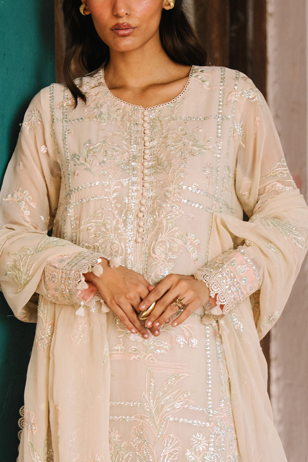 3 Piece Embroidered Chiffon Suit With Organza Borders And Embroidered Chiffon Dupatta
