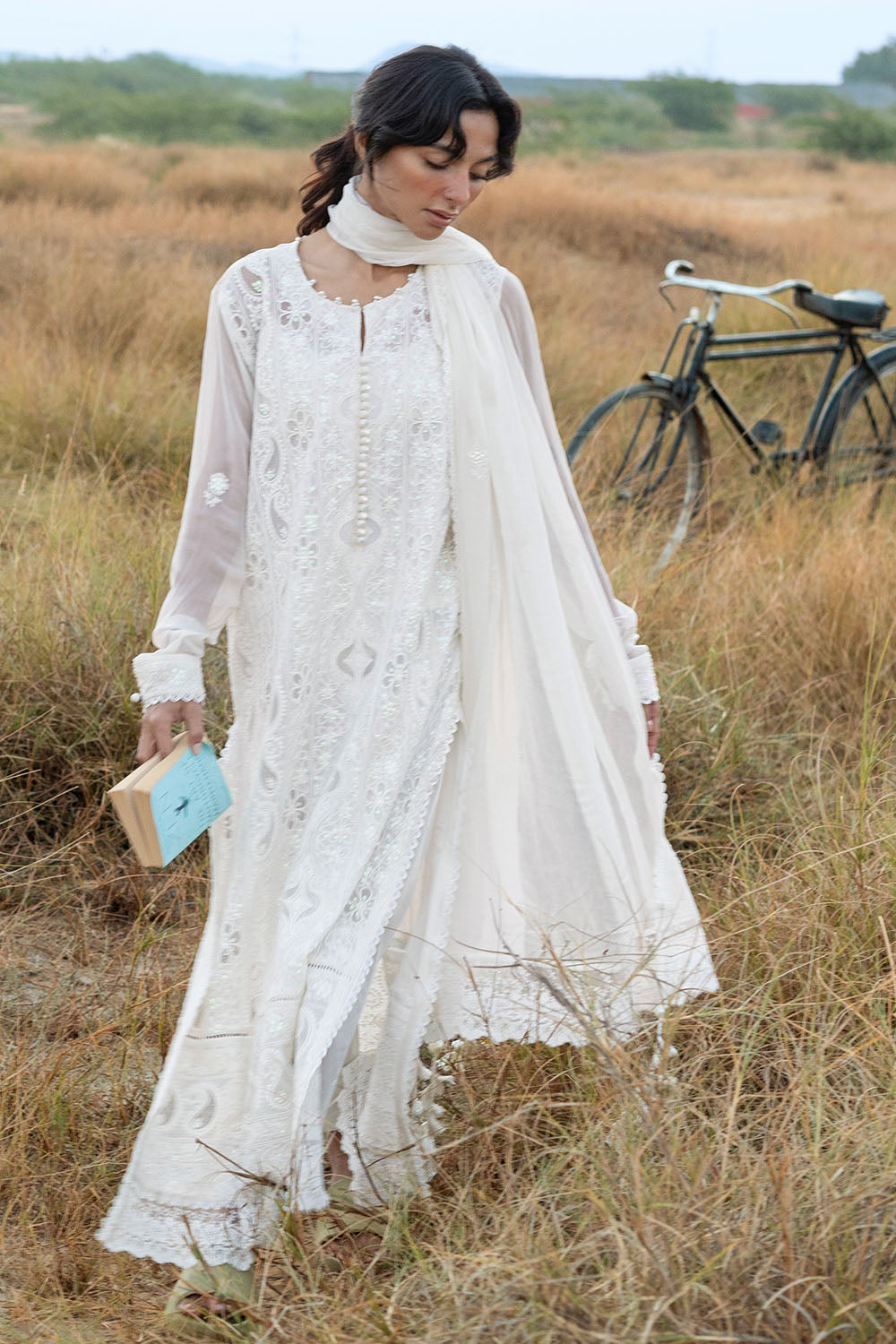 3 Piece Embroidered Chiffon Suit with Cotton Applique