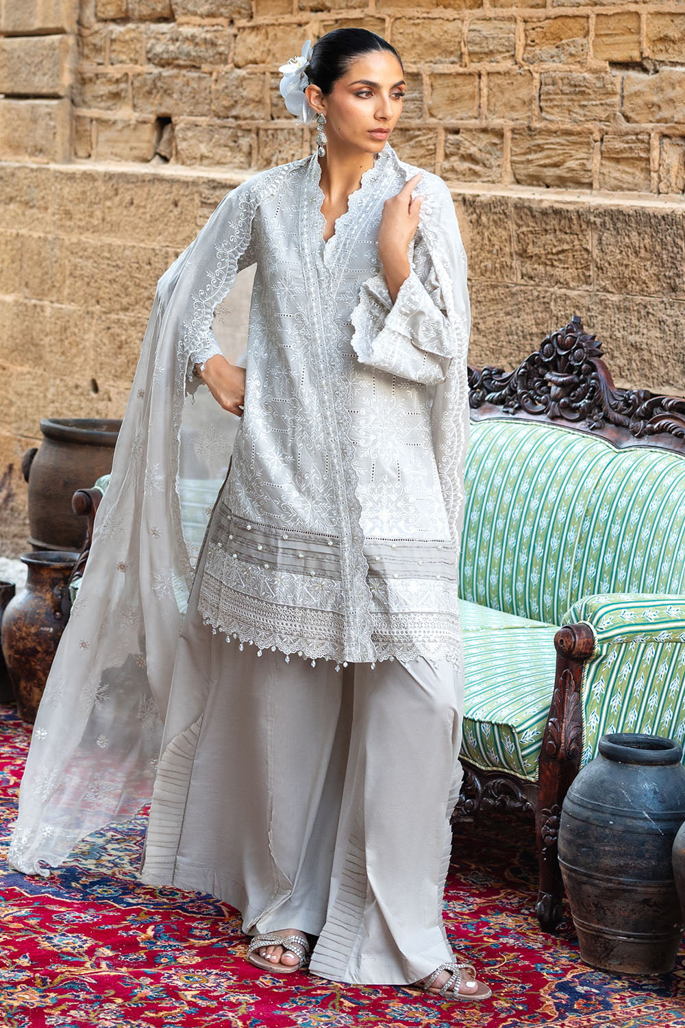 3 Piece Embroidered Lawn Suit with Borders and Chiffon Dupatta