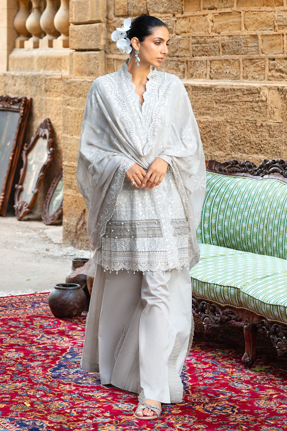 3 Piece Embroidered Lawn Suit with Borders and Chiffon Dupatta