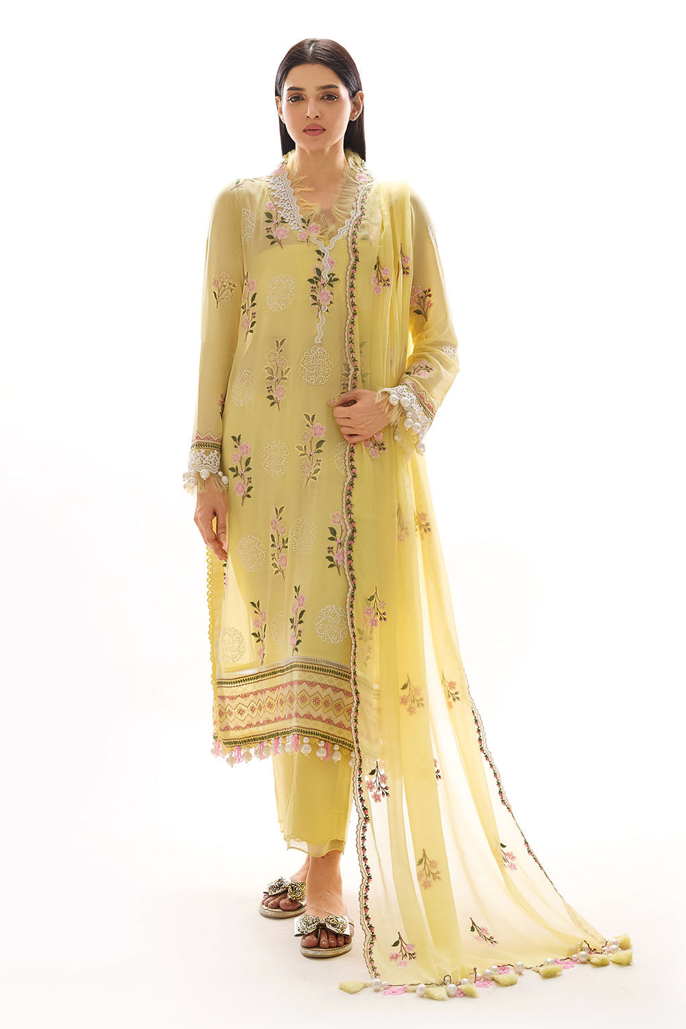 3 Piece Embroidered Swiss Voile Suit With Embroidered Chiffon Dupatta