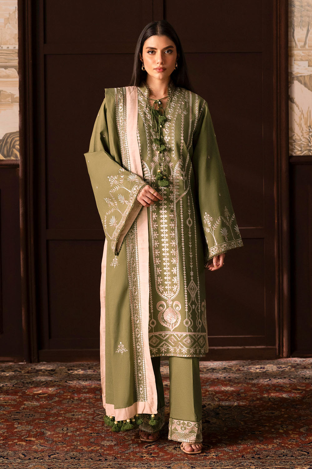 3 Piece Embroidered Cotton Linen Slub Suit - W-FB-CF-26-487549