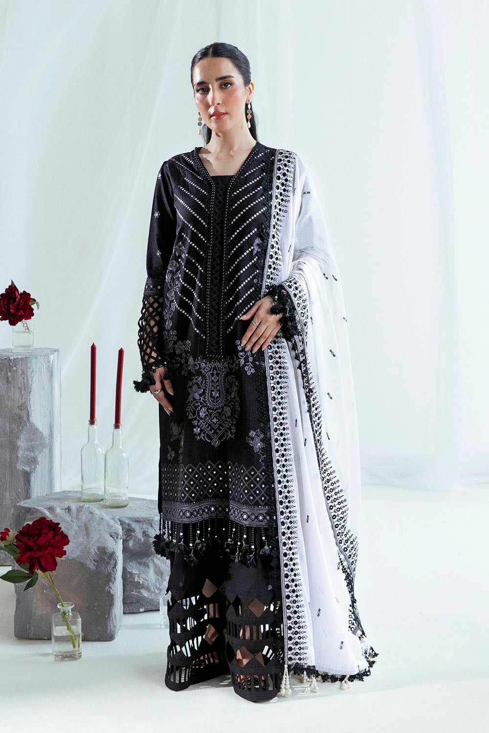 3 Piece Embroidered Lawn Suit with Borders and Denting Dupatta