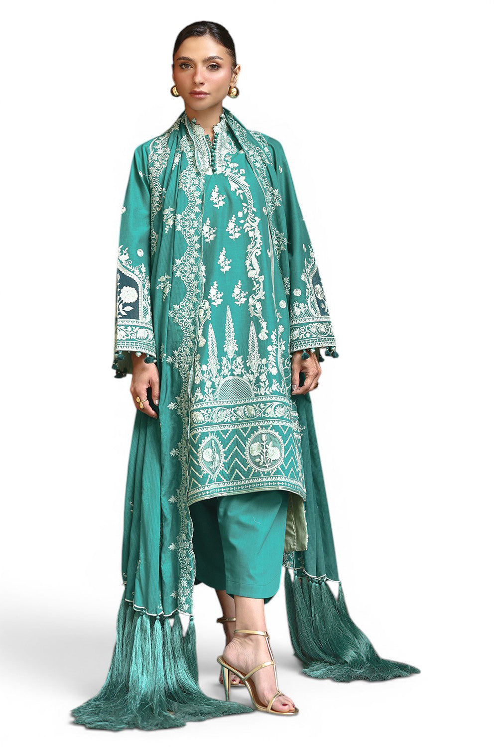 3 Piece Embroidered Lawn Suit with Organza Applique Borders and Embroidered Denting Lawn Dupatta
