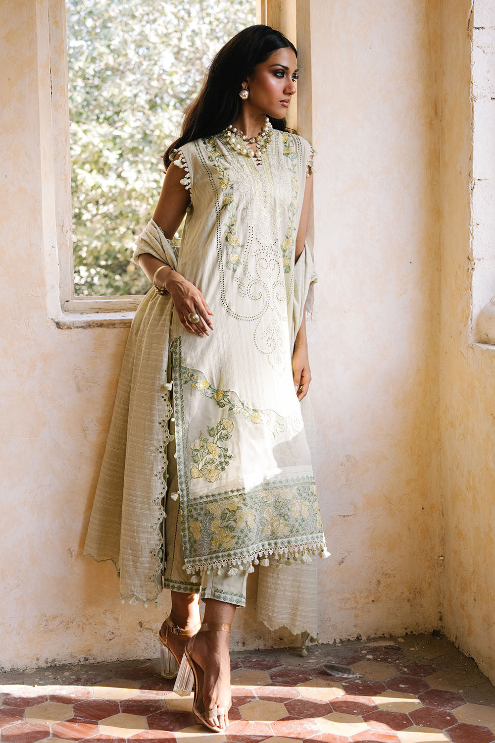 3 Piece Embroidered Zari Stripe Suit with Organza Borders and Embroidered Jacquard Dupatta