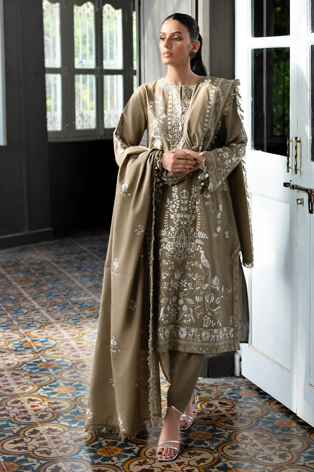 3 Piece Embroidered Khaddar Suit With Dupatta