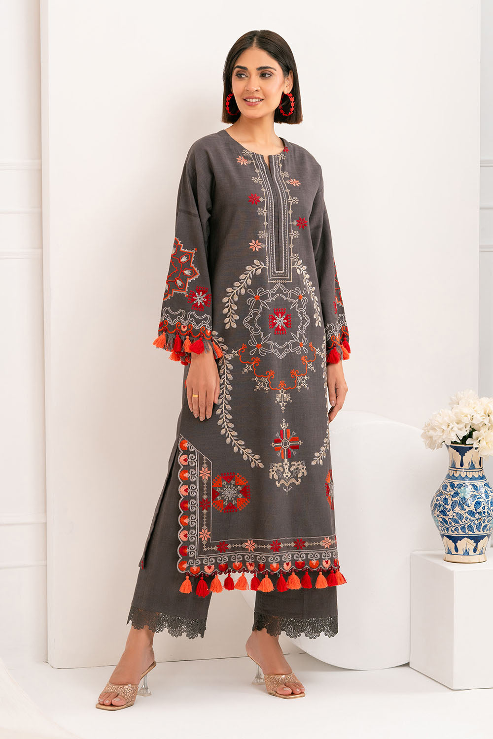 2 Piece Embroidered Khaddar Suit with Borders Chalk Lace and Bunches