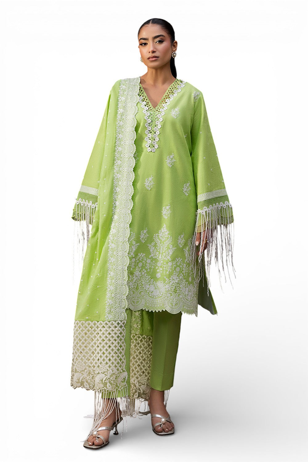 3 Piece Embroidered Jacquard Suit with Embroidered Denting Dupatta