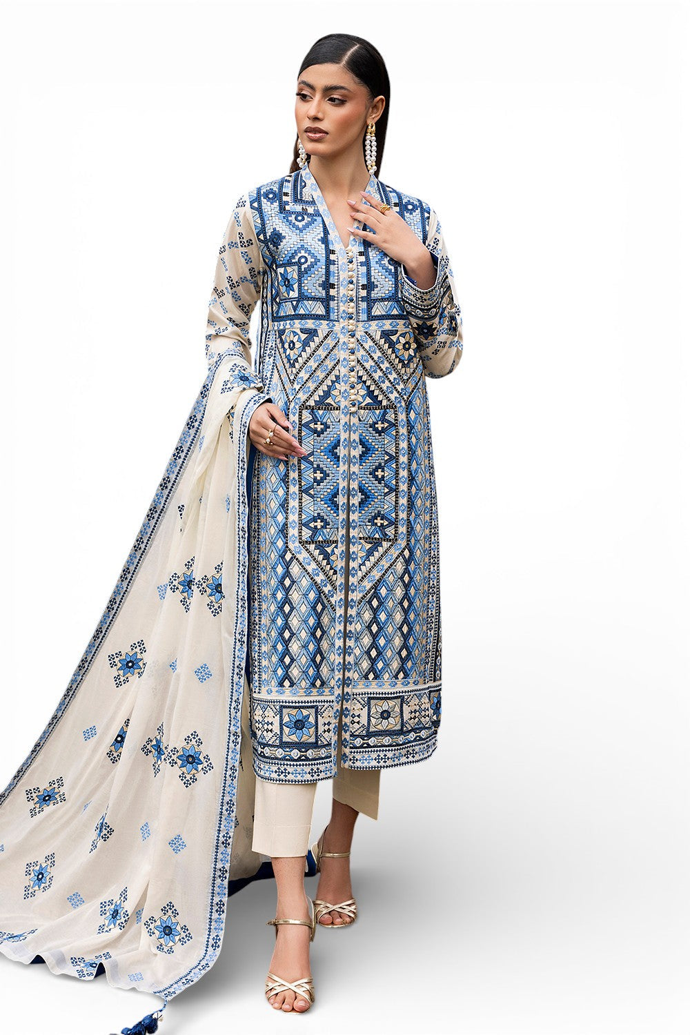 3 Piece Embroidered Lawn Suit with Embroidered Borders