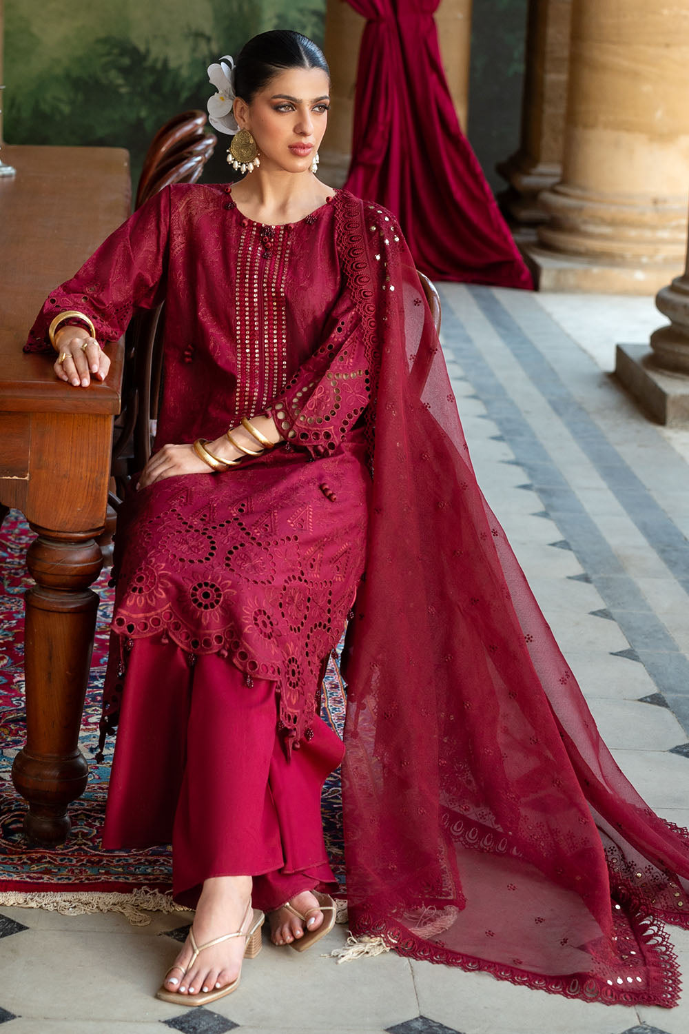 3 Piece Schiffli Embroidered Lawn Suit With Sequins Neckline And Net Dupatta