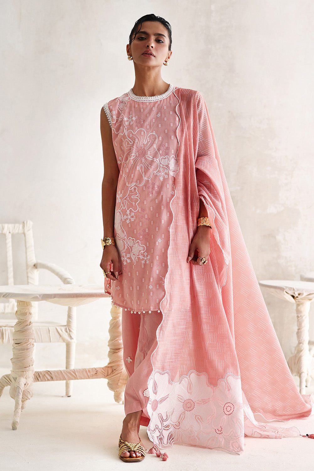3 Piece Embroidered Jacquard Suit with Paper Cotton Dupatta and Embroidered Pallu