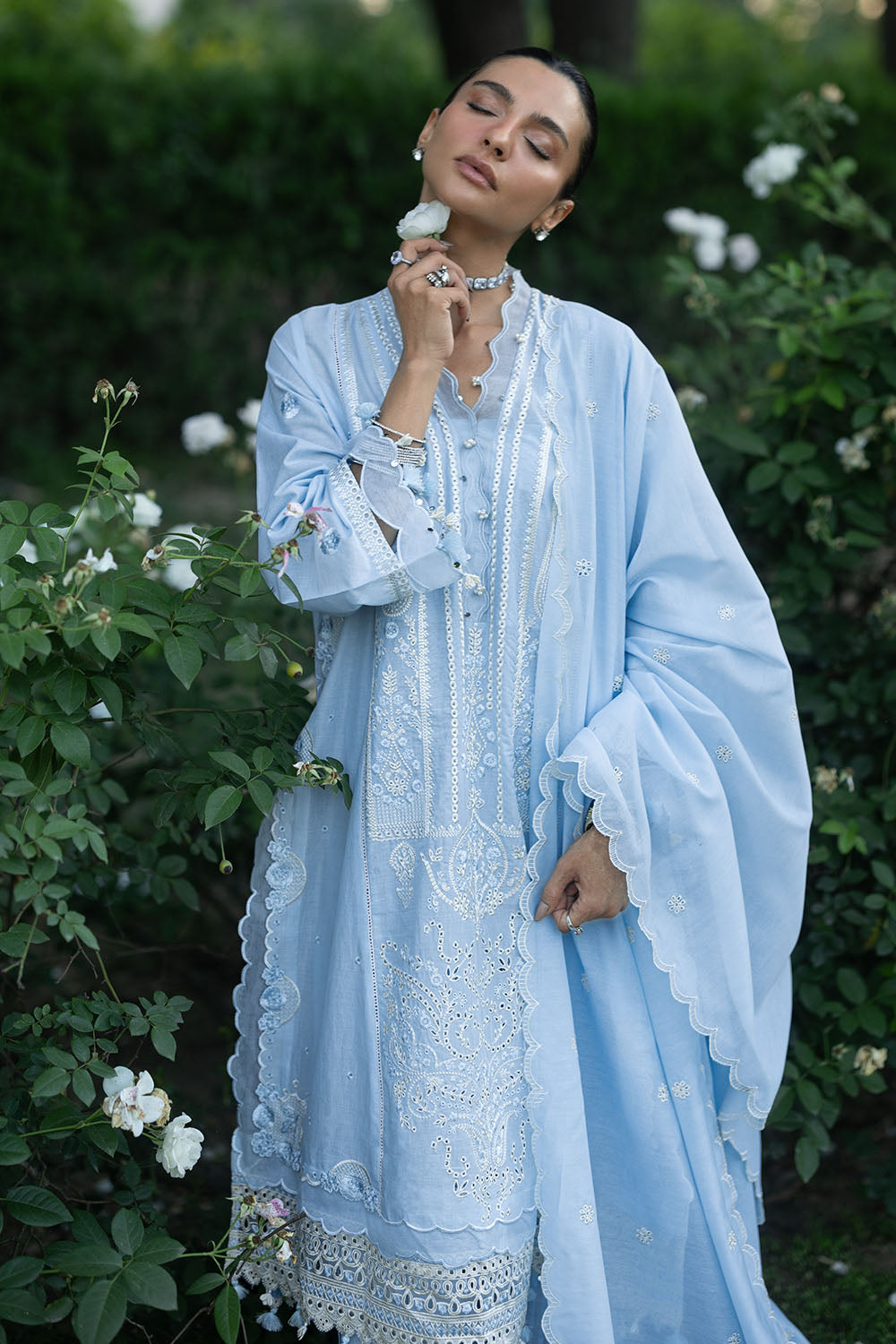 3 Piece Embroidered Lawn Suit with Embroidered Organza Borders and Embroidered Paper Cotton Dupatta