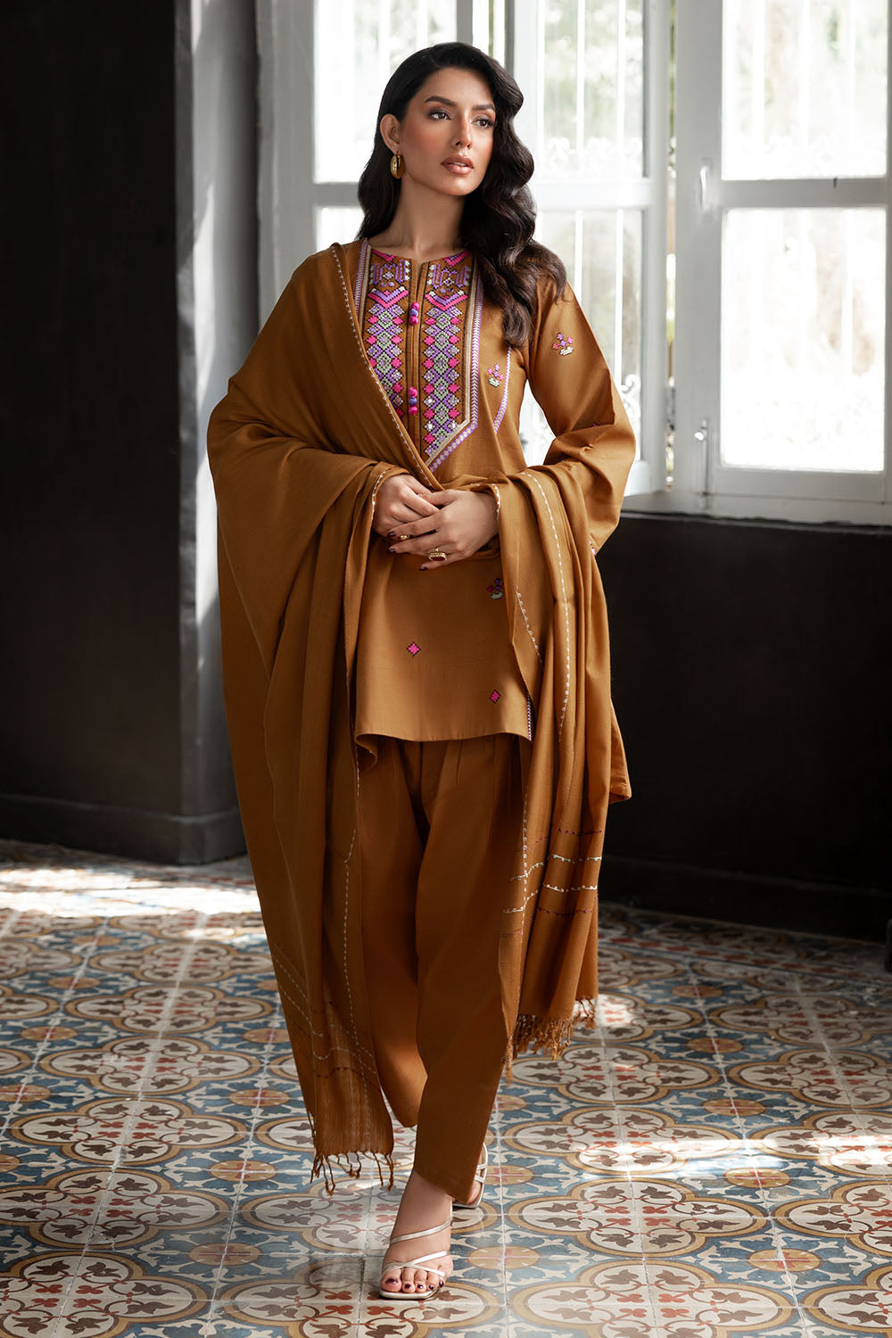 3 Piece Embroidered Khaddar Suit with Pashmina Shawl