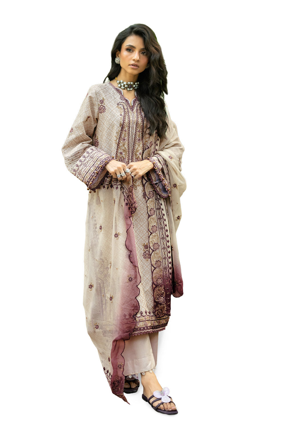 3 Piece Embroidered Glitter Printed Lawn Suit with Embroidered Organza Borders and Embroidered Printed Chiffon Dupatta