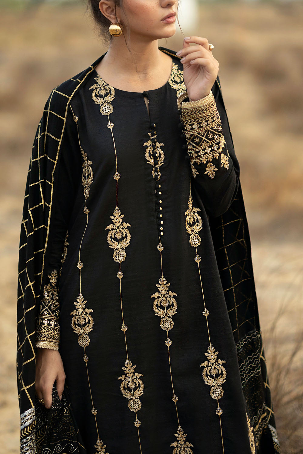 3 Piece Embroidered Khaddar Suit with Gold & Lacquer Printed Pashmina Dupatta