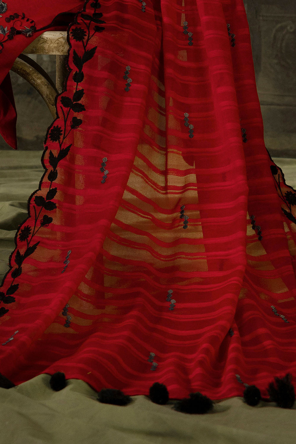 3 Piece Stripe Embroidered Khaddar Suit with Handwork and Lace