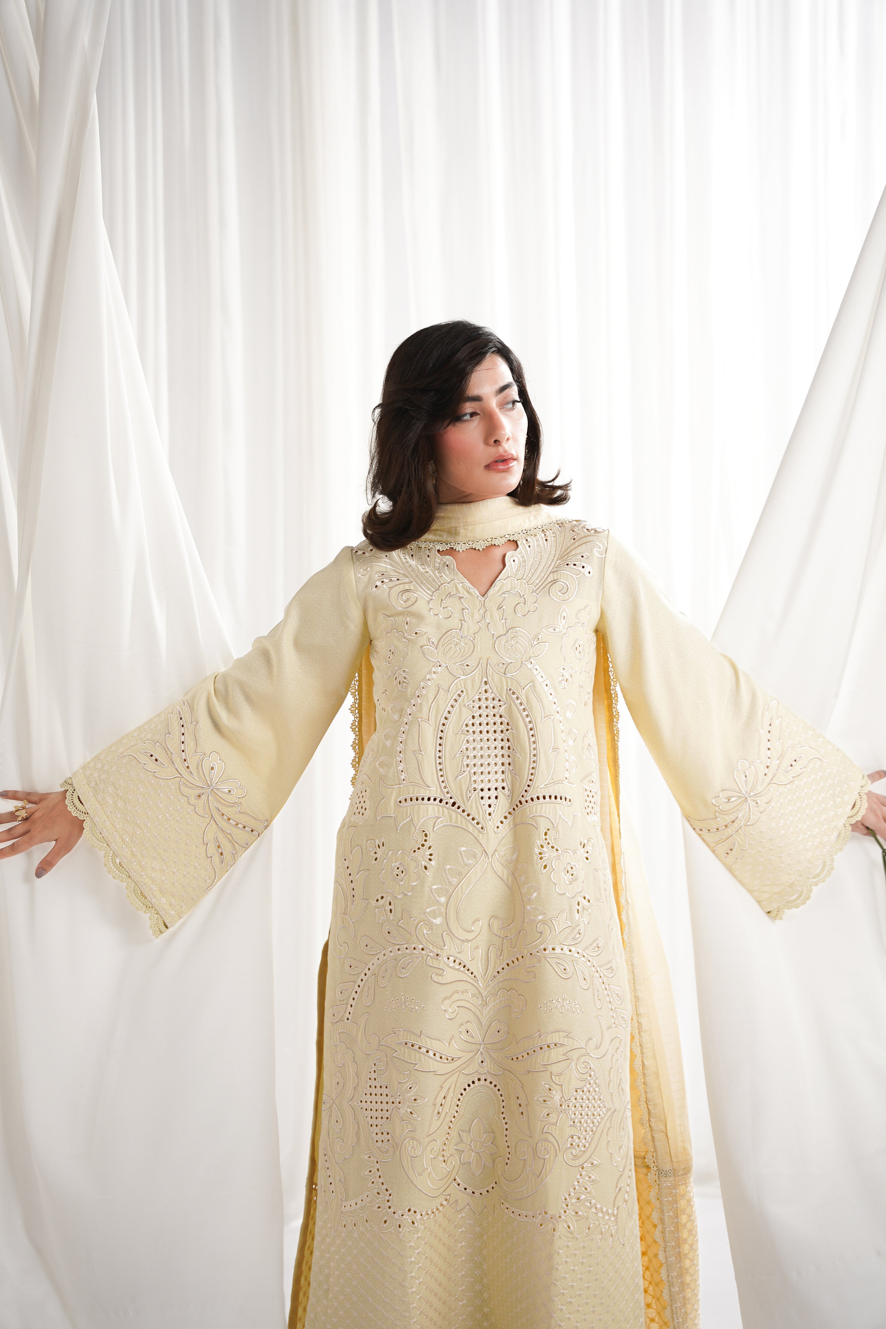 BUTTER YELLOW LUXURY EMBROIDERED 3PCS SET NPA3-25420 (EID 2025 READY TO WEAR) - EXPRESS SHIPPING