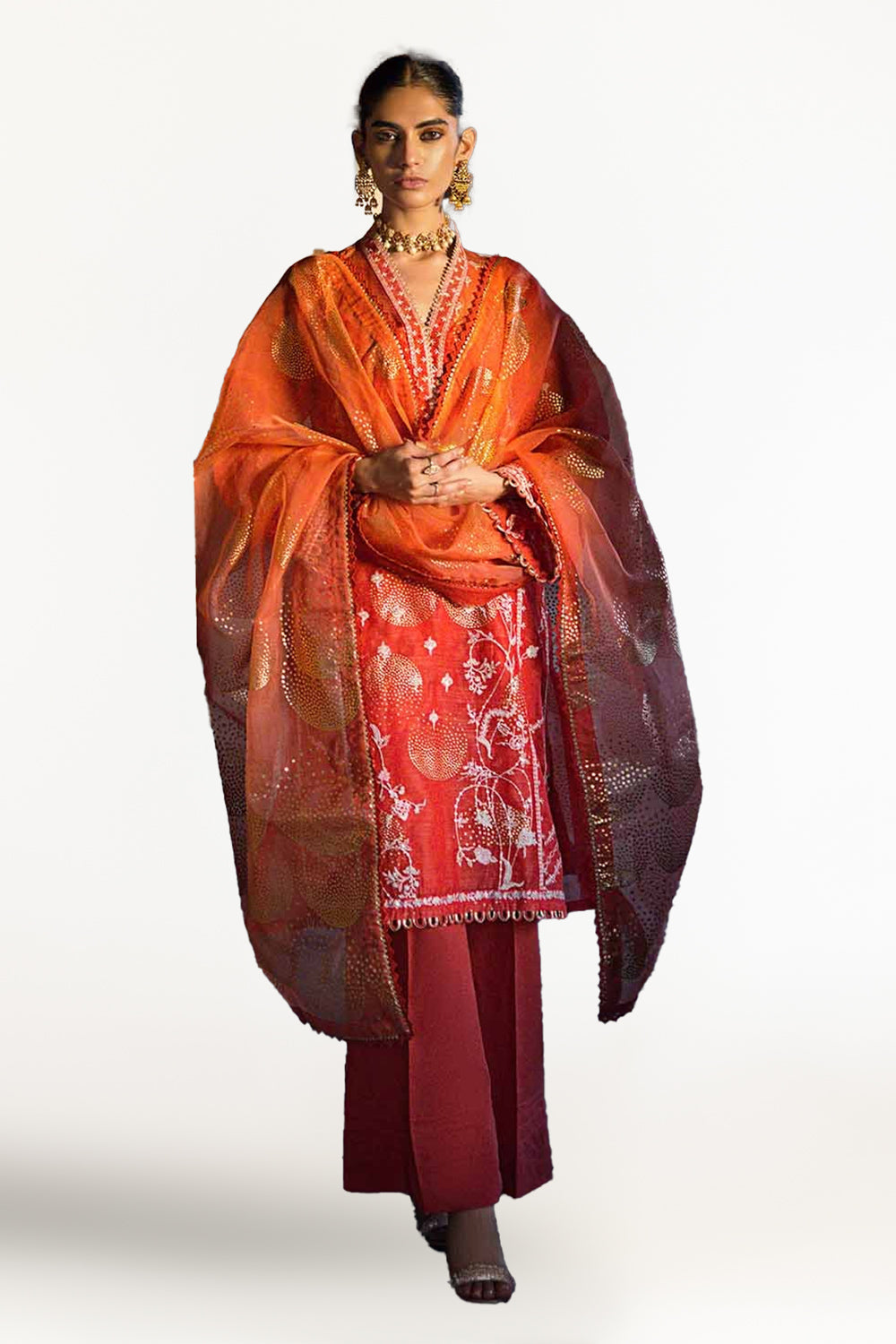3 Piece Embroidered Foil Printed Nylon Unstitched Suit with Foil Printed Organza Dupatta