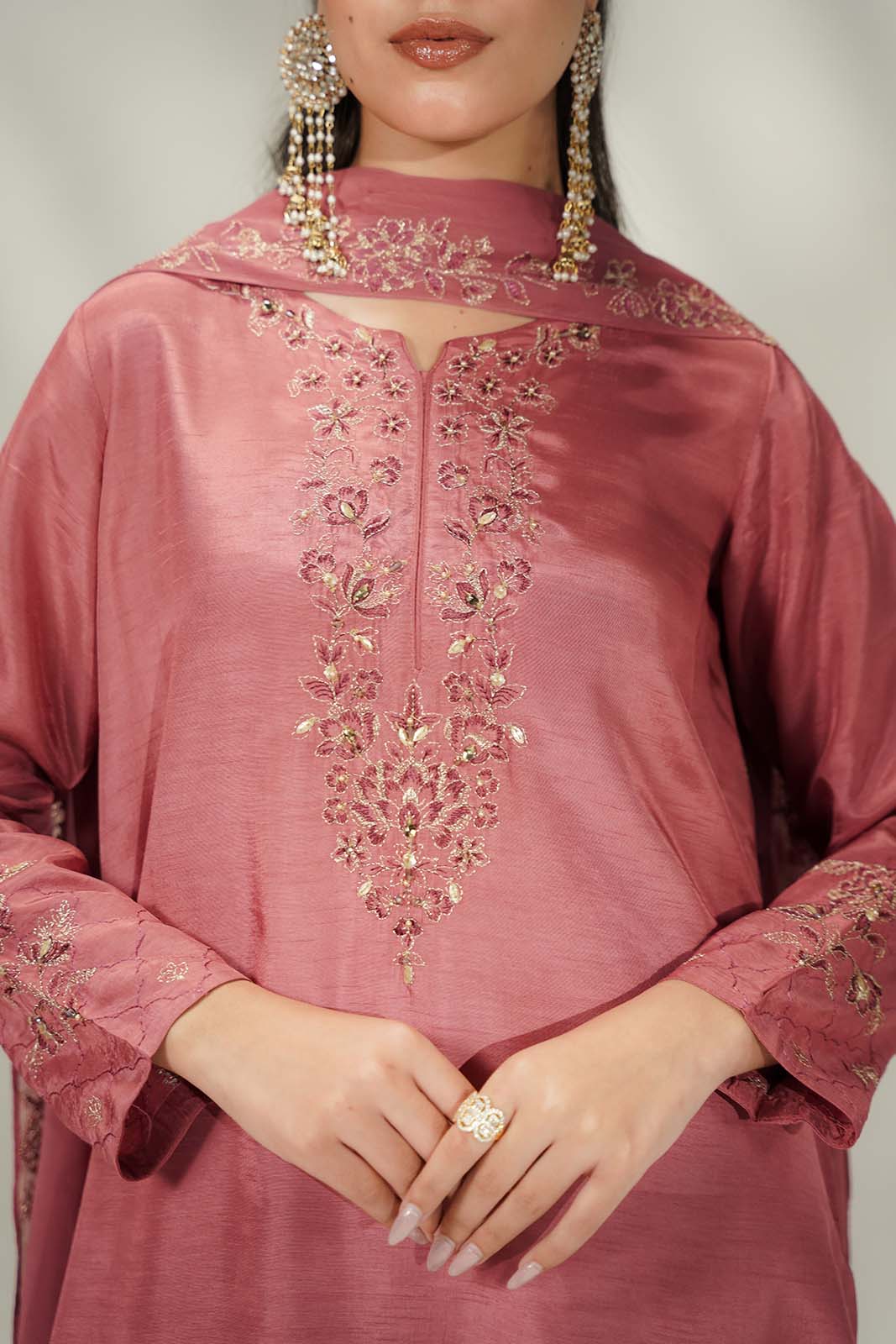 3 Piece Printed Korean Rawsilk Embroidered Suit (FL0246)