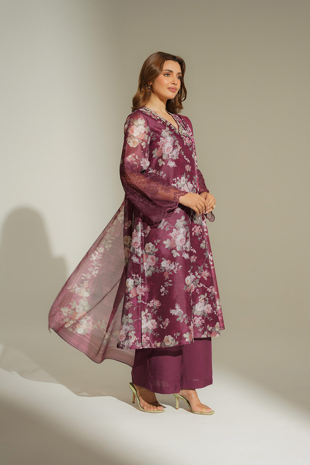 3 Piece Net Print Embroidered Suit (FS0140)