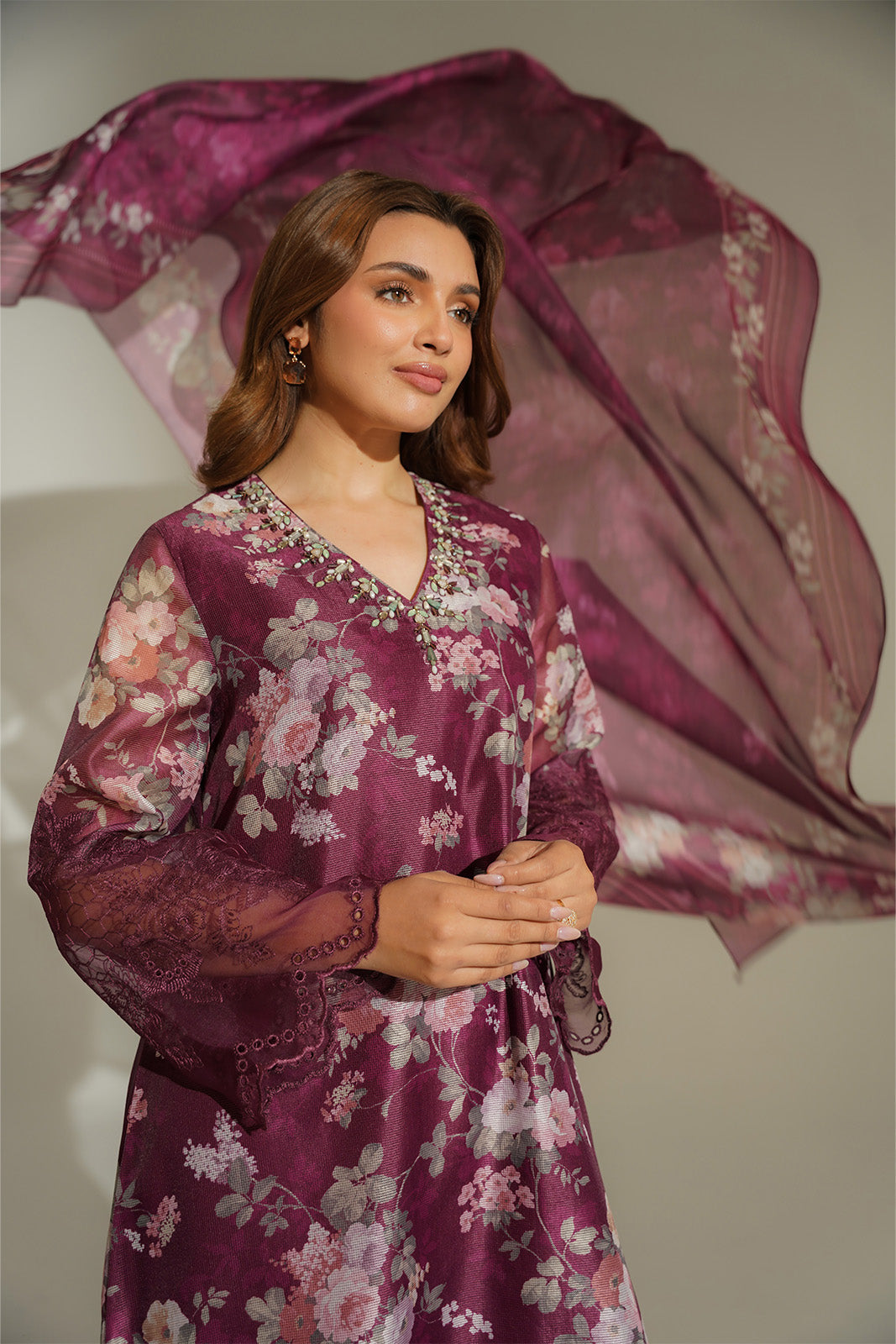 3 Piece Net Print Embroidered Suit (FS0140)