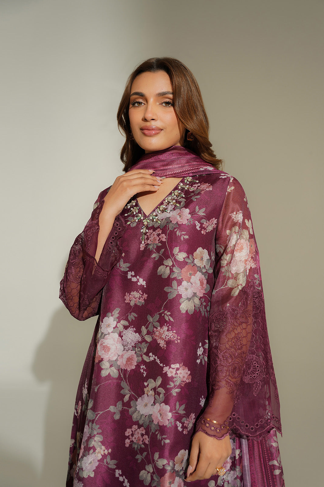 3 Piece Net Print Embroidered Suit (FS0140)