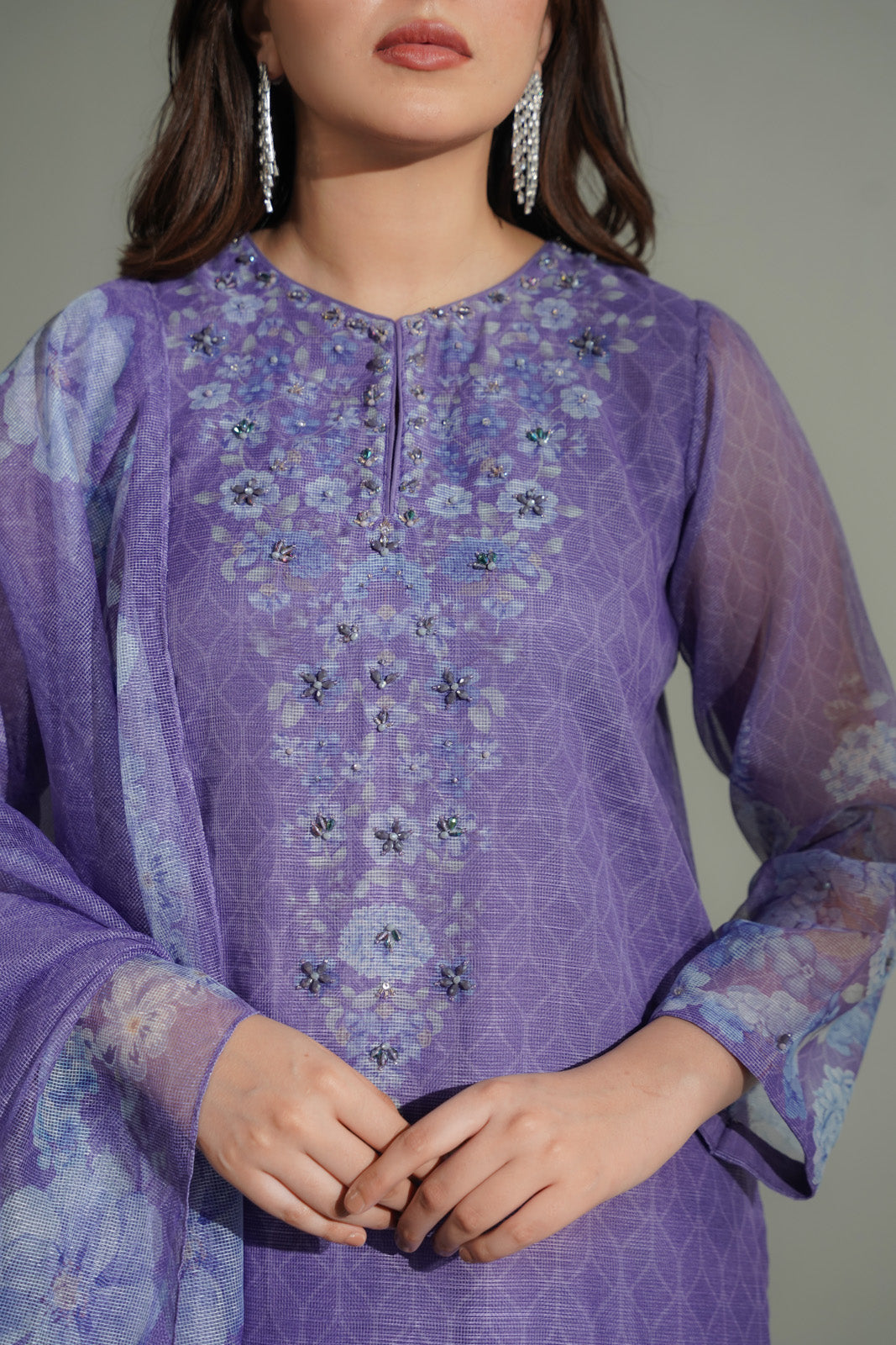 3 Piece Net Printed Embroidered Suit (FS0176)