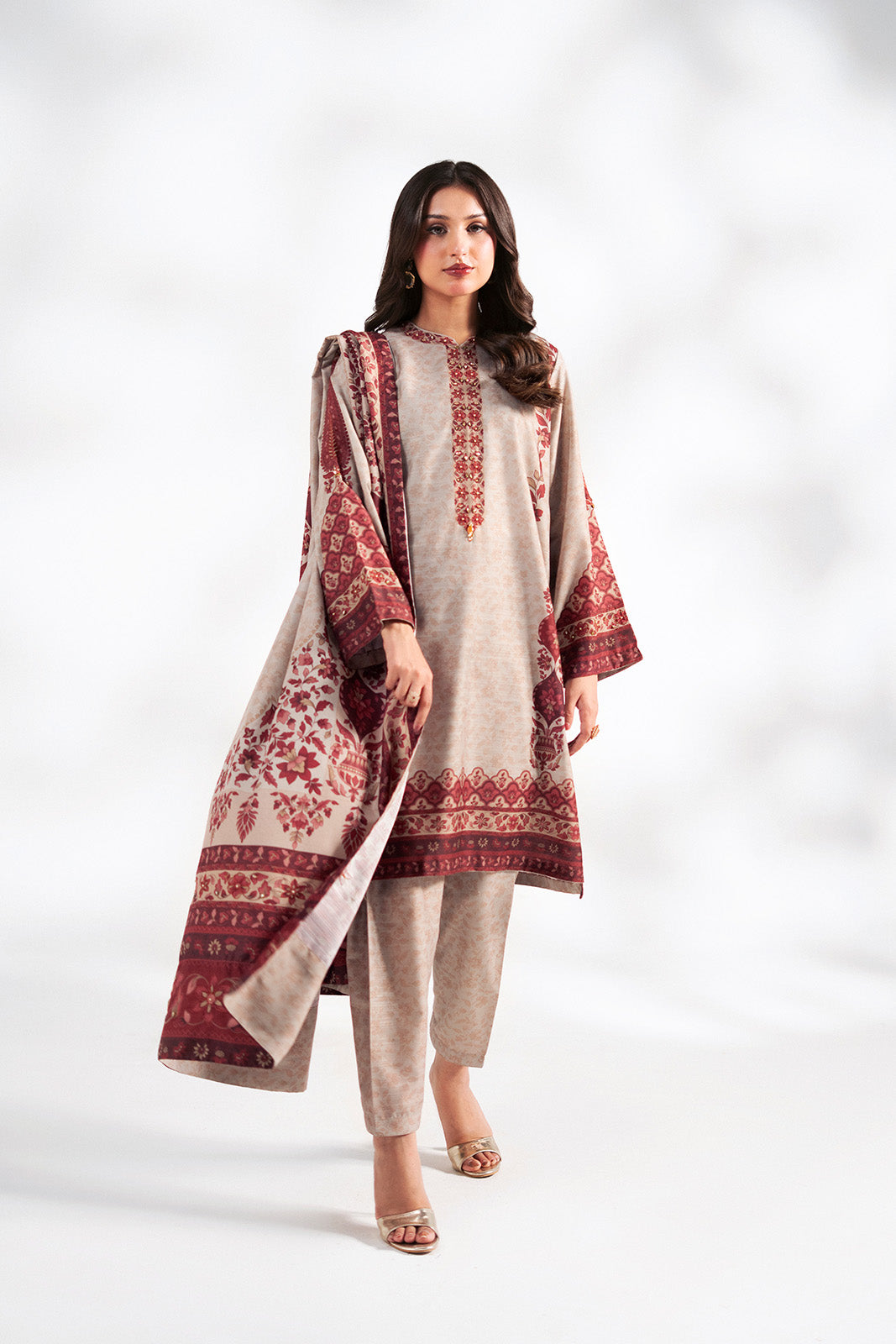 3 Piece Printed Raw Silk Embroidered Suit (FS0215)