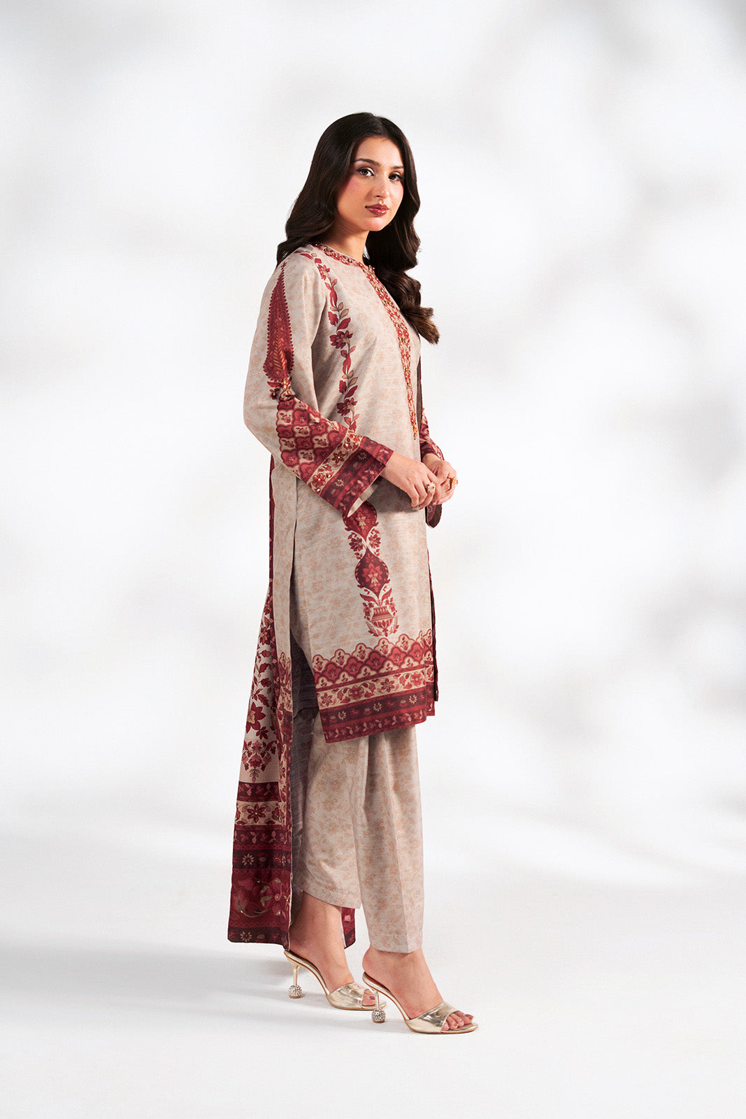 3 Piece Printed Raw Silk Embroidered Suit (FS0215)