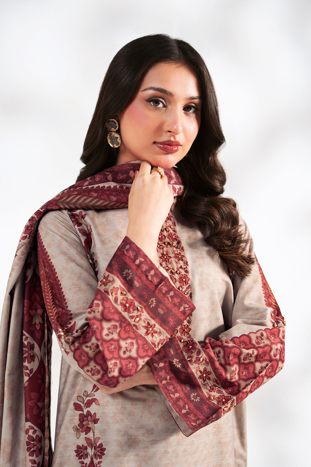 3 Piece Printed Raw Silk Embroidered Suit (FS0215)