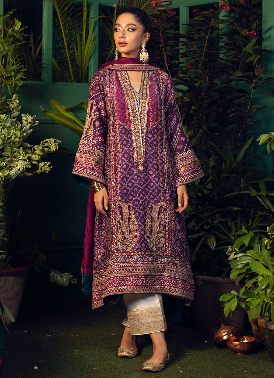 Setareh Purple Chunri Kurta With Pure Silk Ombre Dupatta - FTA-FSP22-01