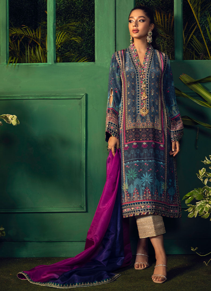 Iraan Navy Printed Crepe Silk Kurta With Silk Ombre Dupatta - FTA-FSP22-08