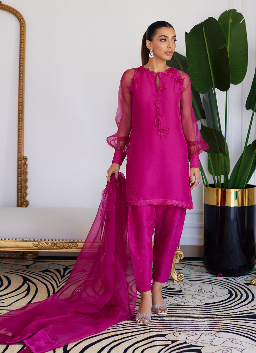 Elio Hot Pink Raw Silk Shirt, Shalwar With Dupatta