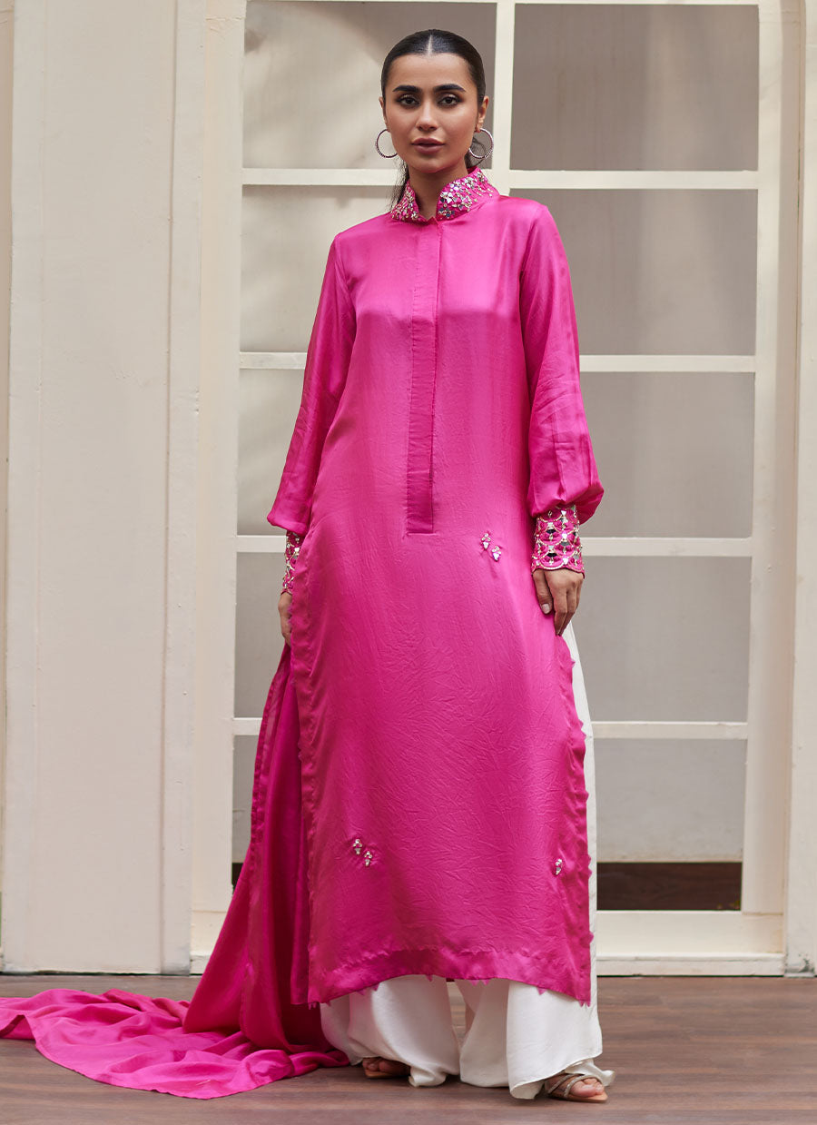 Vanka Fuschia Raw Silk Shirt And Dupatta