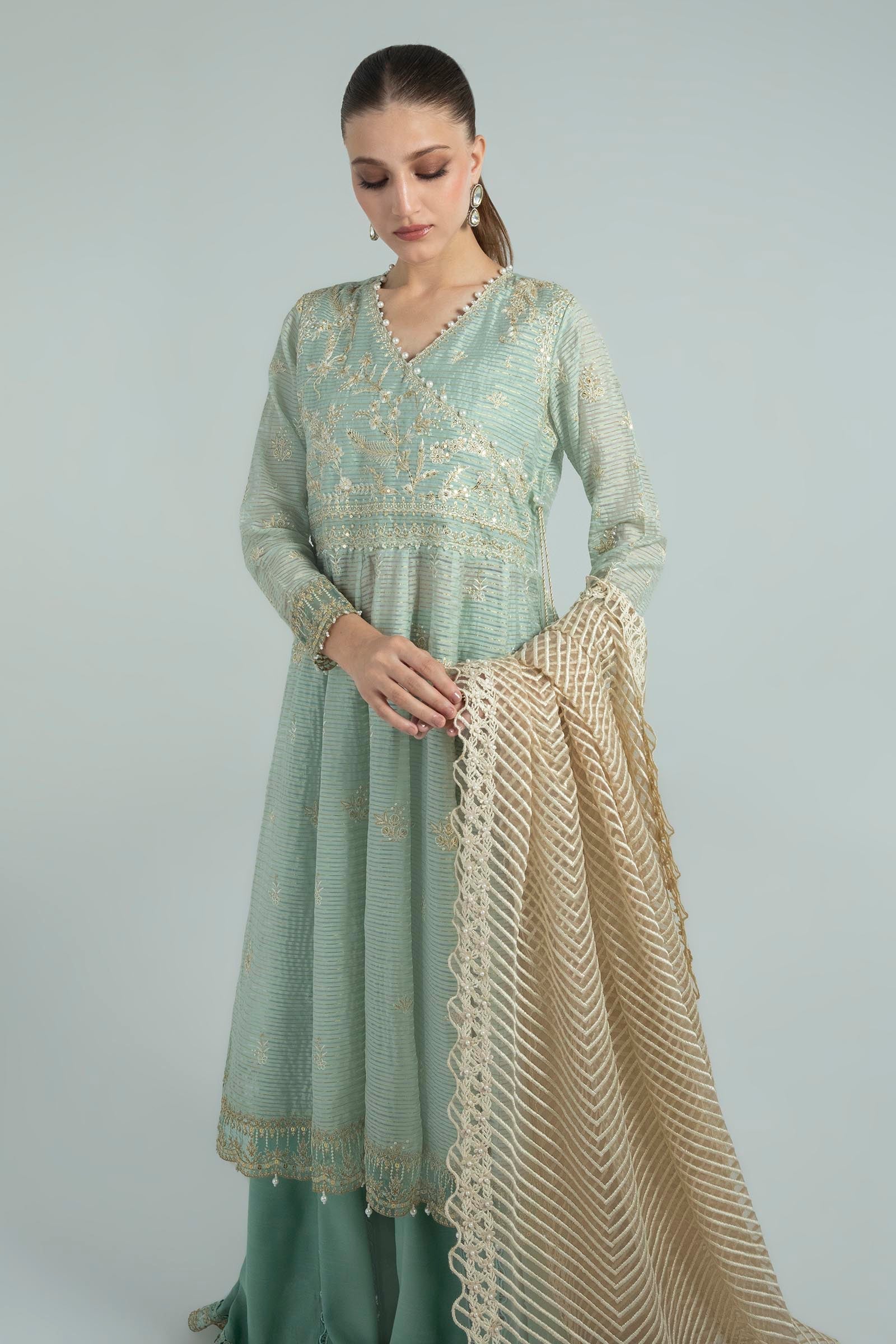 DC-2127 GREEN KARANDI 2PCS EMBROIDERED KURTA WITH TROUSER